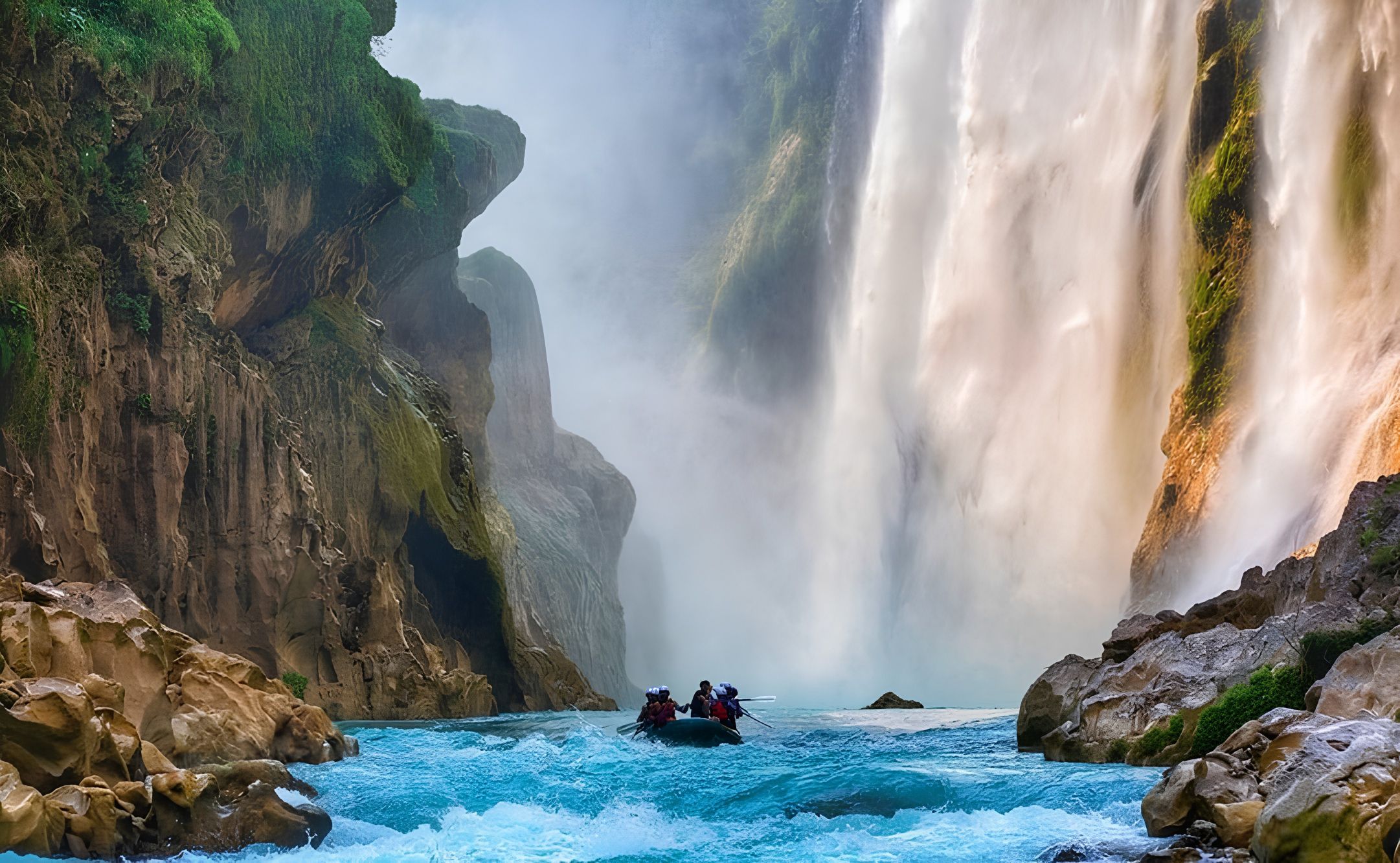 Gran cascada vista desde una lancha en el río